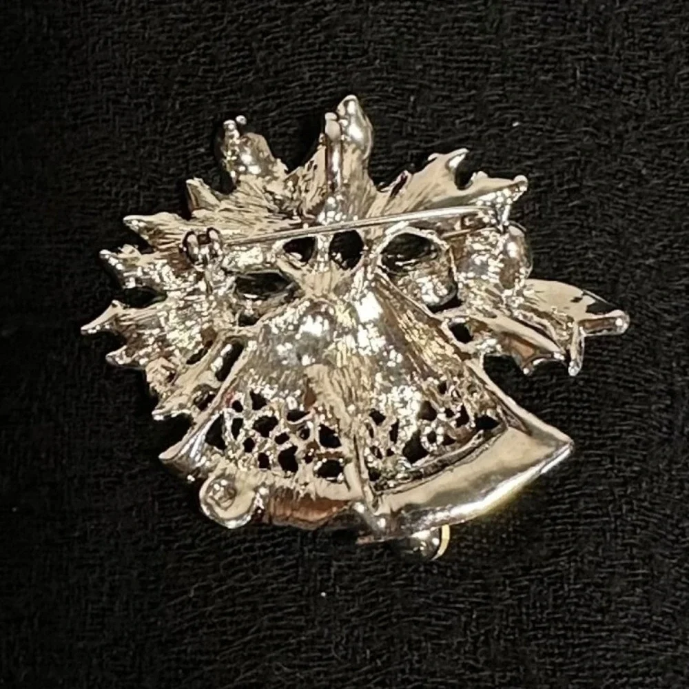 Christmas Bell Brooch Silver Tone Red Holiday Rhinestone‎